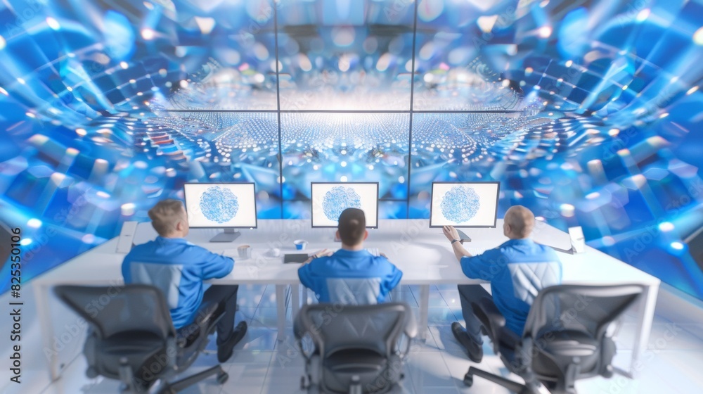 Poster Cybersecurity Team at Work in High-Tech Monitoring Room, Protecting Industrial Data with Real-Time Network Surveillance