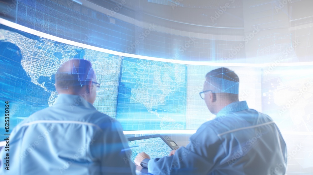 Aufkleber Diverse Cybersecurity Team Monitoring Industrial Network Data, Analyzing Global Threats in High-Tech Command Center