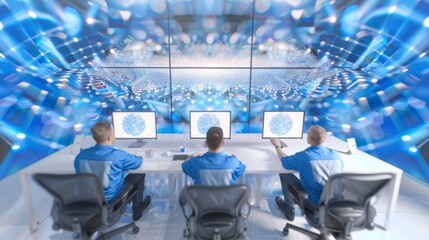 Cybersecurity Team at Work in High-Tech Monitoring Room, Protecting Industrial Data with Real-Time Network Surveillance