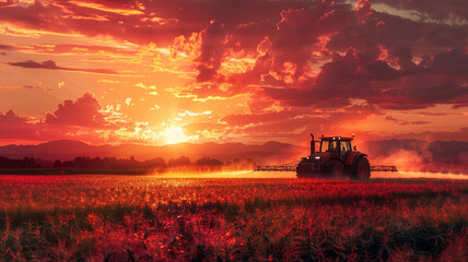 Fototapeta premium Irrigation tractor at sunset, showcasing tech role in modern agriculture and food sustainability,generative ai