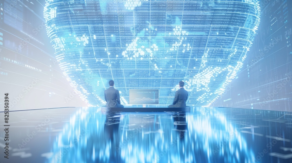 Poster cybersecurity professionals monitoring worldwide networks in illuminated control room at night, focu