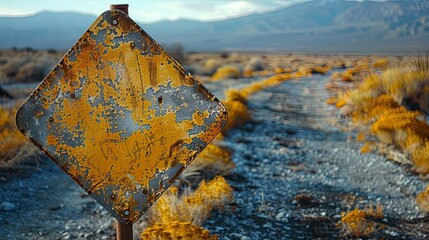 A rusted sign is sitting in the middle of a desert
