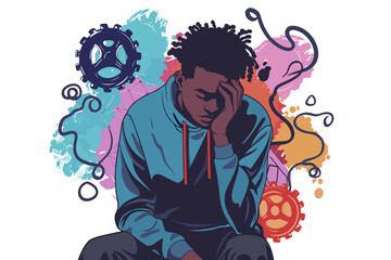 Depressed Black Man Surrounded by Symptoms of Mental Illness, Seeking Help and Support