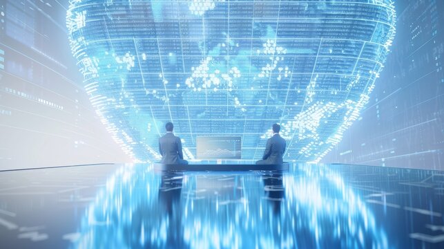 Cybersecurity Professionals Monitoring Worldwide Networks in Illuminated Control Room at Night, Focused on Protecting Industrial Data