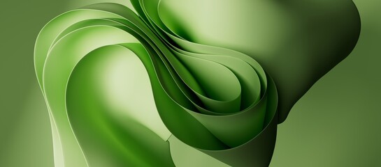 Abstract green background. Curvy folded paper macro. Fabric layers. 3d render