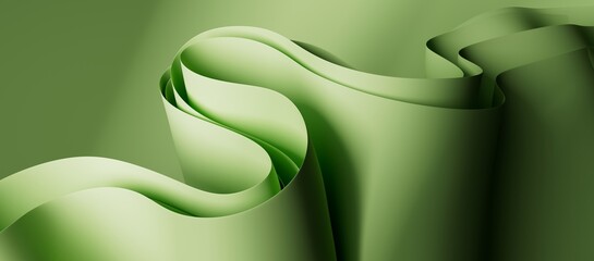 Abstract green wallpaper. Curvy folded paper macro. Minimalist background. 3d render