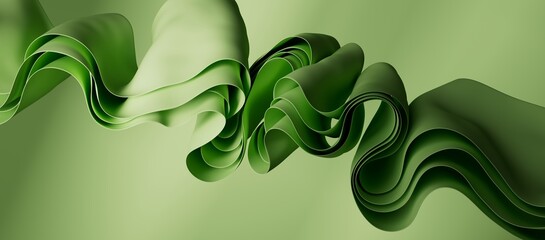 Abstract green background. Curvy folded ribbons. Fabric layers. 3d render