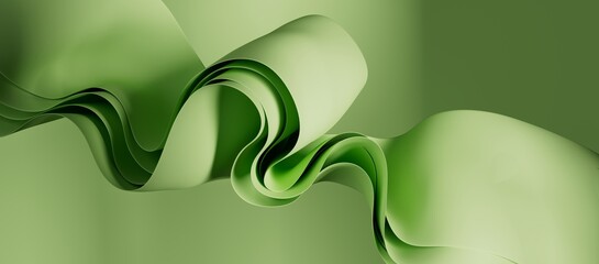 Abstract green background. Curvy folded ribbons. Fabric layers. 3d render