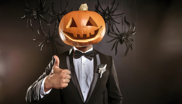 k&uuml;rbis, kopf, neu, thumb, up, anzug, smoking, copy space, hintergrund, halloween, close up, spinnen, design, abstrakt, spinnennetz, minimal, reklame, ad, werbung, poster, schiefer, board, atelier, rot