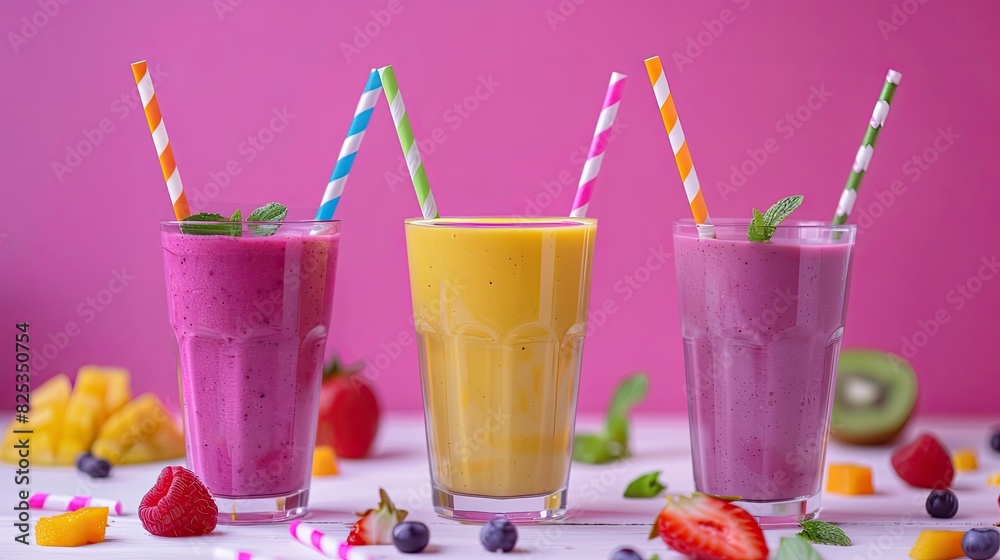 Wall mural 3 different smoothies in glasses with colorful straws, pink background