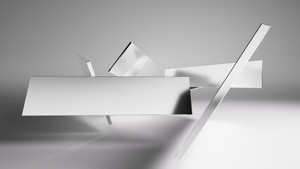Silver mirrored blocks with contrasting shadows and caustics. Composition with chaotic objects in the air. 3d rendering.