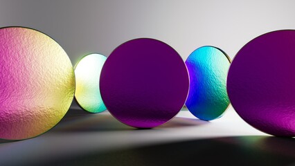 Abstract modern geometric background. Round mirrored shapes with iridescent gradient. 3d rendering....