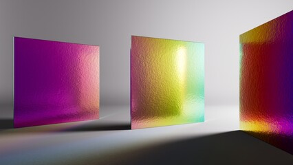 3d render. Mirrored shapes in polished holographic steel with gradient, contrasting shadows and...