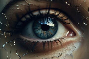 Macro shot of an eye with a reflected landscape. Conceptual photography with nature reflection in human eye. Observation and environment for design and art. Represent emotion and eye contact. AIG35.