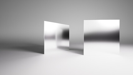 Mirrored shapes in polished silver steel with contrasting shadows and caustics. Simple square...