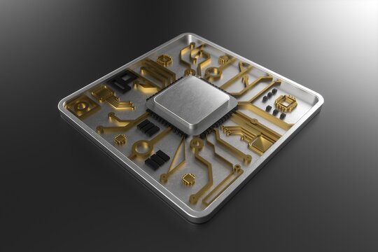 Abstract design of a minimalist 3d metalic cpu with golden details.