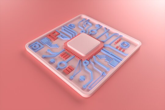 Abstract design of a minimalist 3d pastel cute pink and blue cpu.