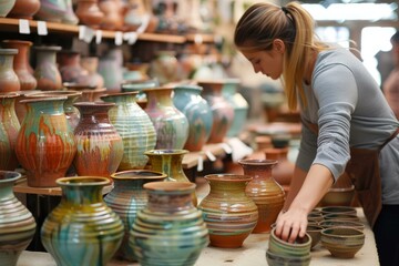 Young woman carefully examines unique ceramic pots at a local artisan market