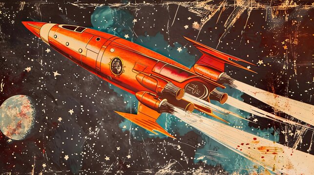 Poster with a classic drawing representing the Soviet propaganda space age.