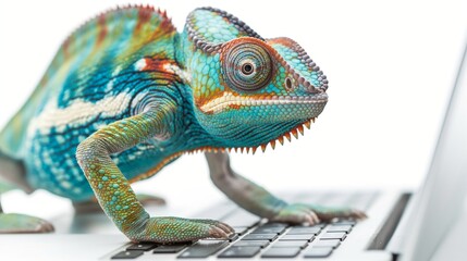 Obraz premium Chameleon using laptop on white background in studio.