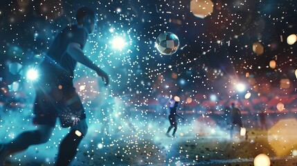 A lively scene of a soccer match, with a defocused backdrop of twinkling particles