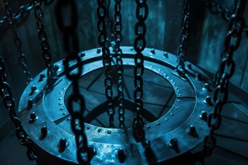 Artistic image of metal chains hanging on a large wheel with moody blue lighting