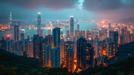 Fototapeta premium A wide view of the city with many tall buildings at night with spotlights shining on the buildings generative ai