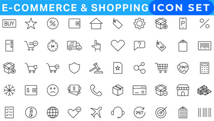 E-commerce and shopping web icons in line style. Mobile Shop, Digital marketing, Bank Card, Gifts. Vector illustration