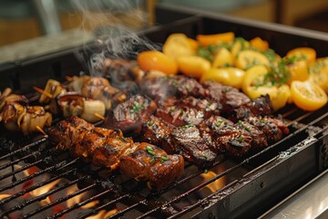 Naklejka premium Vibrant Outdoor Barbecue Scene with Delicious Marinated Meats and Vegetables on Grill, Featuring Multinational Group Enjoying a Sunny Day