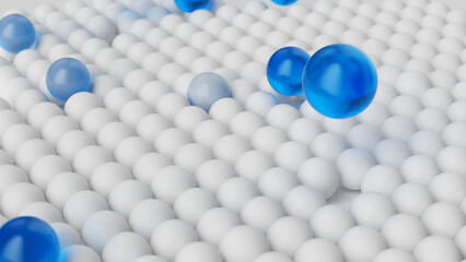 3d render image of white balls turning into blue balls or bubbles, and flying away. Abstract...