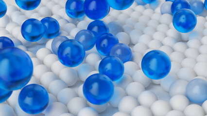 3d render image of white balls turning into blue balls or bubbles, and flying away. Abstract...
