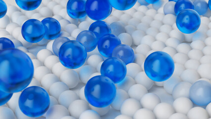 3d render image of white balls turning into blue balls or bubbles, and flying away. Abstract background of microscopic particles