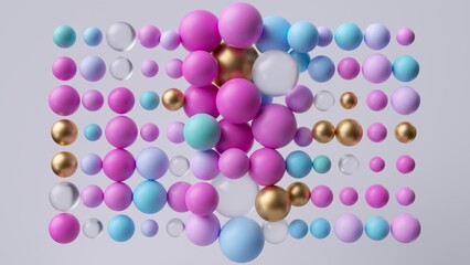 3d render, abstract modern geometric wallpaper. Pink blue and gold balls. Chaotic multicolored particles isolated on white background