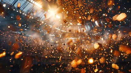 A lively scene of a sports event, with a defocused backdrop of twinkling particles