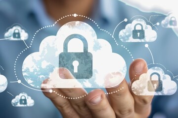 Innovative cloud security with advanced data encryption and device protection, depicted with vibrant blue and white elements and a modern tech design