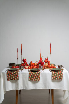 Composition of colorful vegetables on table served in luxury sty