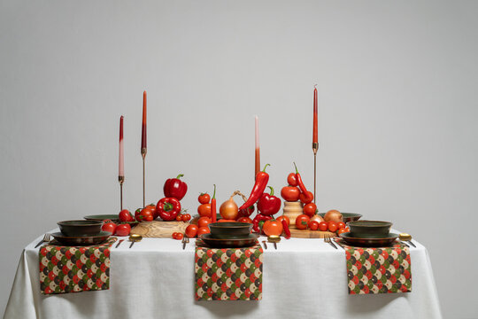 Composition of colorful vegetables on table served in luxury sty