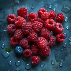 Heart shaped arrangement of red raspberries on a blue background with water drops, isolated....