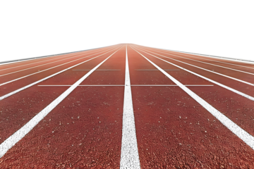 A red running track with white lines, extending towards a distant finish line. The track is empty and ready for competition.
