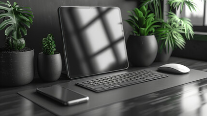 A tablet computer, a phone, keyboard, and mouse, with a surreal minimalist still life style, light background,generative ai