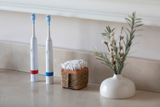 Electric Toothbrush still life with vase with pussywillow