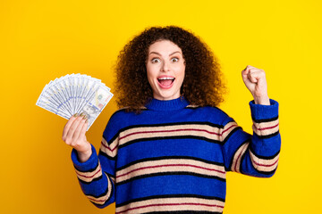 Portrait of ecstatic girlish woman wear knit sweater holding dollars win lottery clenching fist...