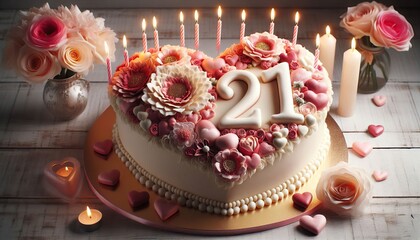  Heart Shaped Cake With Happy 21st Birthday Message Surrounded By Roses Candles And Decorative Hearts On A Table