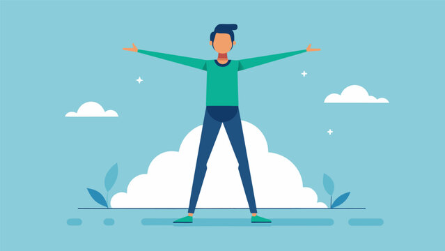 A person standing with their feet shoulderwidth apart and their arms reaching towards the sky promoting improved posture and increased energy.. Vector illustration