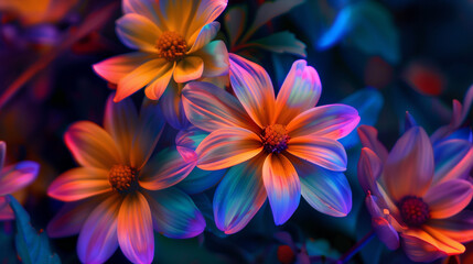 Neon flowers on blue neon floral background close up