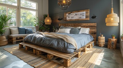 diy furniture design, handcrafted wooden pallet bed frame with rustic finish, adding warmth and charm to your bedroom
