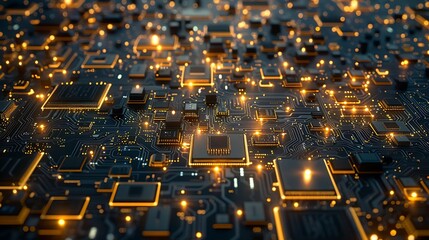 A maze of golden circuits and microchips, glowing with energy. Background: Navy blue. 8k, realistic, full ultra HD, high resolution, cinematic photography