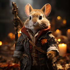 Charming Adventurer Mouse in Rustic Attire with Candlelit Background, AI Generation