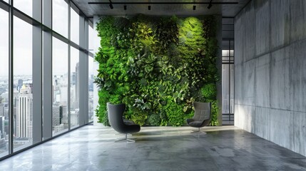 Beautiful green wall with lush plants in modern office interior with panoramic windows overlooking the city, real photo