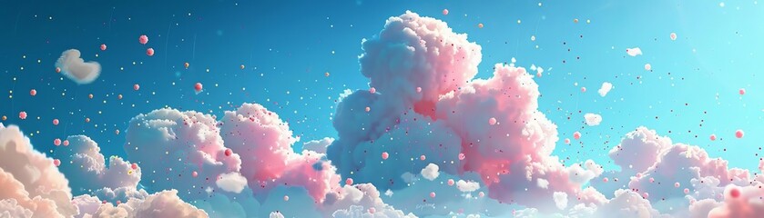 Fototapeta premium Cotton candy clouds floating in a blue sky, raining sprinkles, surreal, pastel colors, digital painting